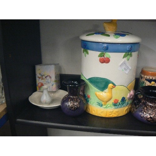 525 - 2 DECORATIVE TEAPOTS, LARGE COOKIE JAR, PAIR OF GLASS VASES IN PURPLE AND GOLD, FIGURES ETC