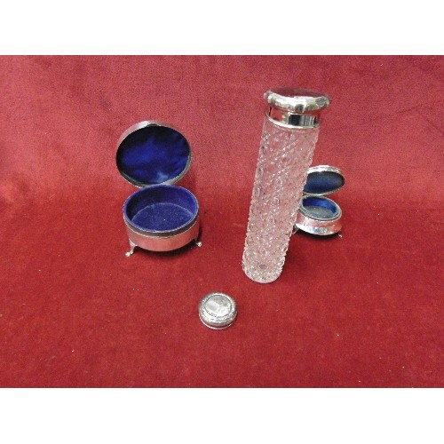 5 - SILVER AND SILVER PLATE ITEMS INCLUDING STERLING SILVER DRESSING TABLE POT, STERLING SILVER LID, CUT... 