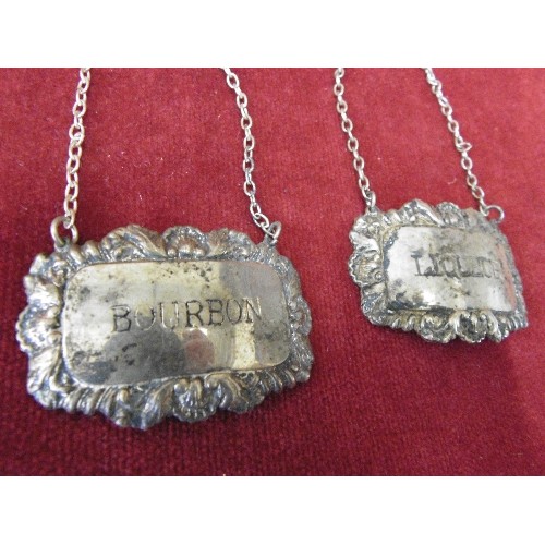 6 - 2 SILVER PLATE DECANTER LABELS BOURBON AND LIQUEUR