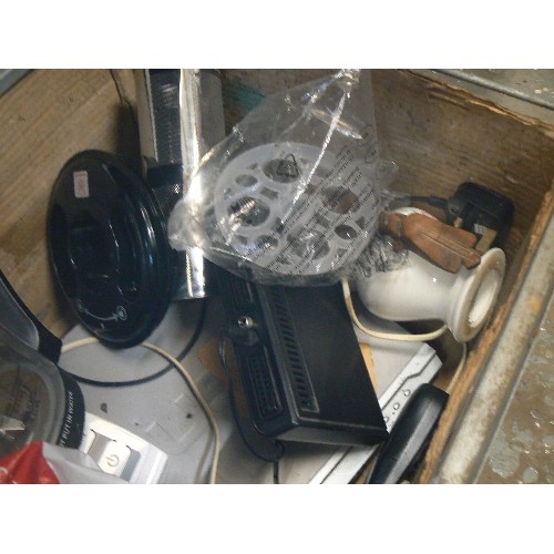 263 - MIXED BOX OF HOUSEHOLD & ELECTRICAL. INC LAMP, BLENDER, IRON, SHOE HORN ETC.