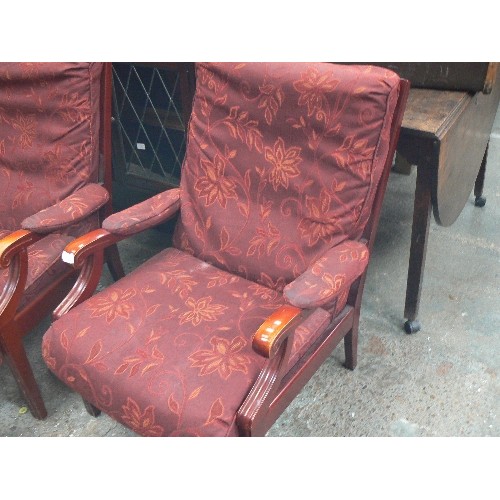 540 - PAIR OF FIRESIDE CHAIRS WITH DARK BURGUNDY FLORAL FABRIC AND REDWOOD FRAMES.