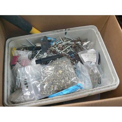 559 - 3 BOXES OF MIXED TOOLS, SCREWS, BOLTS, SPIRIT LEVELS ETC