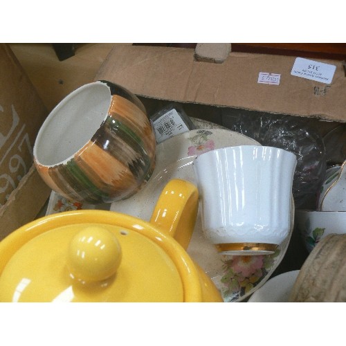 567 - BOX OF MIXED CHINA - PRISTINE YELLOW TEAPOT, BILTONS PLATES, ETC