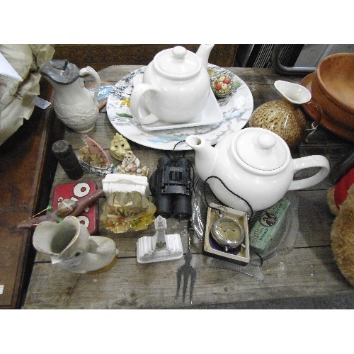 339 - MIXED VINTAGE ORNAMENTS AND CROCKERY. INC NEW DEVON JUG, CRESTWARE, 2 X WHITE TEAPOTS, LARGE PLATTER... 