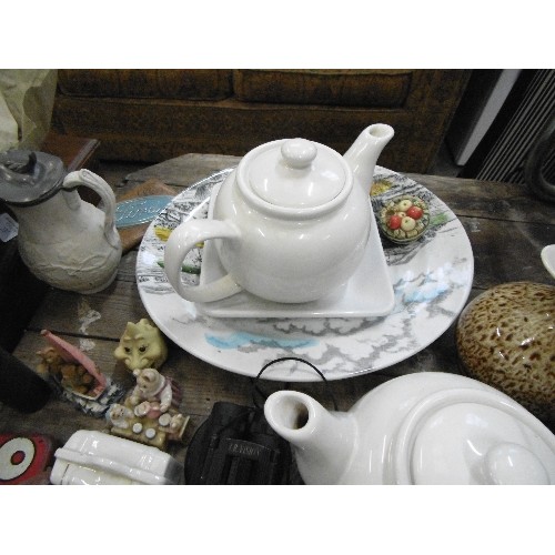 339 - MIXED VINTAGE ORNAMENTS AND CROCKERY. INC NEW DEVON JUG, CRESTWARE, 2 X WHITE TEAPOTS, LARGE PLATTER... 