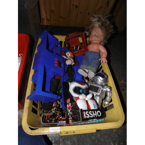 352 - BOX OF MIXED TOYS, INC SCIENCE MUSEUM ROBOT, DIE-CAST VEHICLES, LEGO, SMURF, DOLLS & FIGURES ETC ETC... 