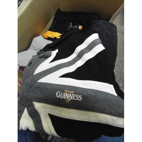 407 - BOX OF RETRO BRANDNAME MODWEAR POLO SHIRTS, INC LAMBRETTA, BOSS, MERC, GUINNESS ETC. ALSO SOME MILIT... 