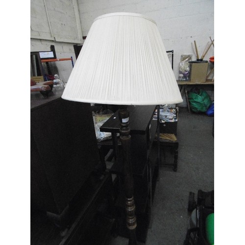 436 - STANDARD LAMP ON TURNED OAK BASE, WITH PLEATED CREAM SHADE.