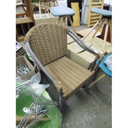 480 - PAIR OF GREY TUBULAR METAL FRAMED CHAIRS, WITH WOVEN RATTAN/STRING SEAT AND BACK.