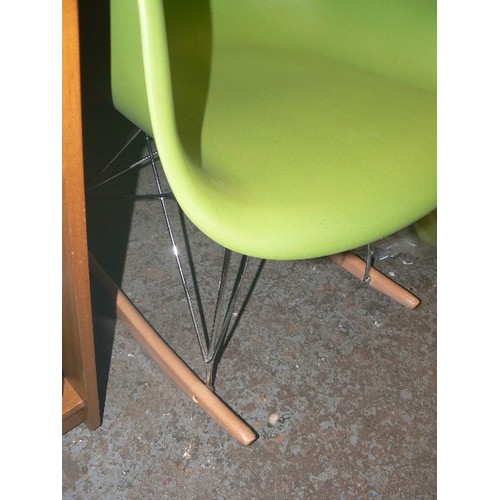 494 - 3 X CONTEMPORARY APPLE-GREEN PLASTIC CHAIRS ON BEECH ROCKERS. NEW. SELF ASSEMBLEY