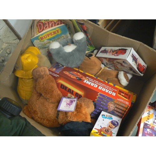 498 - 2 LARGE BOXES FULL OF TOYS. INC MONSTER TRUCK, PICTIONARY, SOFT TOYS, DEAL OR NO DEAL BOARD GAME, FI... 