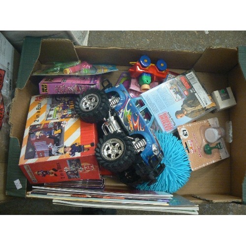 498 - 2 LARGE BOXES FULL OF TOYS. INC MONSTER TRUCK, PICTIONARY, SOFT TOYS, DEAL OR NO DEAL BOARD GAME, FI... 