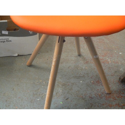 534 - SET OF 3 X CONTEMPORARY ORANGE FAUX LEATHER TOPPED STOOLS. BEECH LEGS