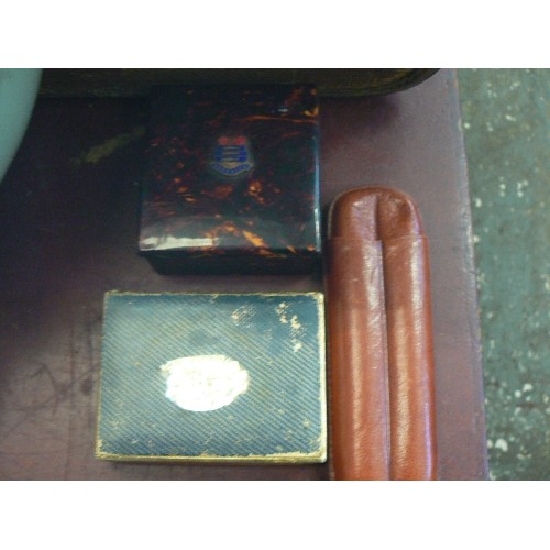 244 - VINTAGE SMALL 'TORTOISESHELL' BOX FROM WORTHING, PACK OF SMALL PLAYING CARDS AND A LEATHER CIGAR POU... 