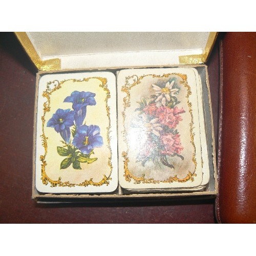 244 - VINTAGE SMALL 'TORTOISESHELL' BOX FROM WORTHING, PACK OF SMALL PLAYING CARDS AND A LEATHER CIGAR POU... 