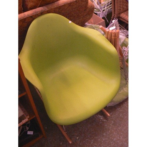 418 - 3 X CONTEMPORARY APPLE-GREEN PLASTIC CHAIRS ON BEECH ROCKERS. NEW. SELF ASSEMBLEY.