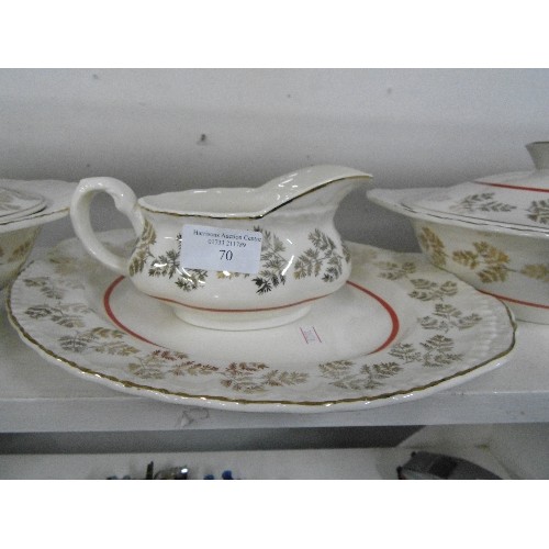 70 - GRINDLEY 'CREAM PETAL' ,PAIR OF LIDDED TUREENS, OVAL SERVING PLATE, ALSO A GRAVY BOAT.