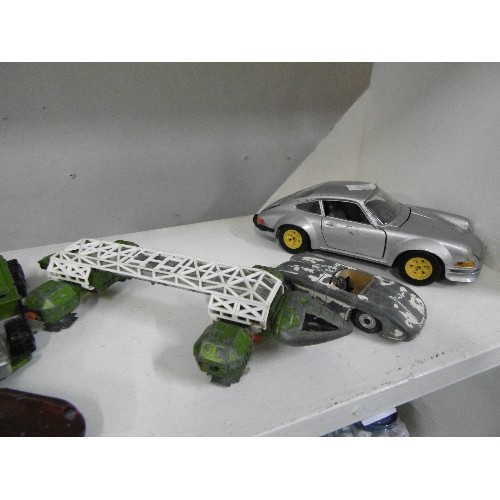 71 - DIE CAST VEHICLES, INC BURAGO PORSCHE, DINKY LUXURY COACH, DINKY WAR CHARIOT, DINKY E-TYPE. PLAYWORN... 