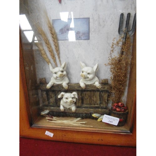 153 - 2 X FRAMED/GLAZED DIORAMA 3D PICTURES. FARMYARD THEME WITH PIGS AND A ROOSTER.