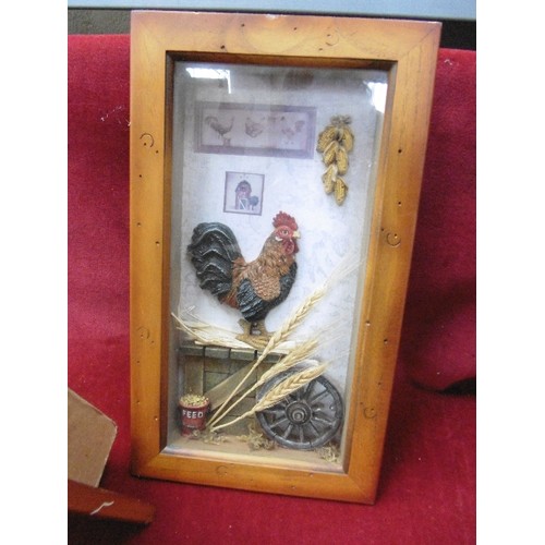 153 - 2 X FRAMED/GLAZED DIORAMA 3D PICTURES. FARMYARD THEME WITH PIGS AND A ROOSTER.