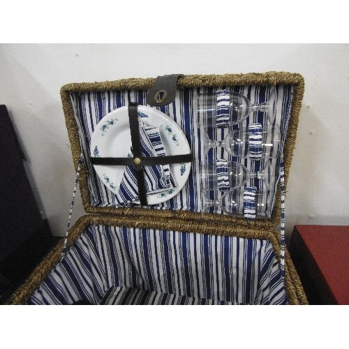 88 - PICNIC HAMPER, LINED WITH NAVY/WHITE STRIPED FABRIC. WITH CONTENTS OF PICNIC ITEMS, GLASSES, NAPKINS... 