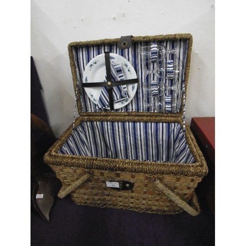 88 - PICNIC HAMPER, LINED WITH NAVY/WHITE STRIPED FABRIC. WITH CONTENTS OF PICNIC ITEMS, GLASSES, NAPKINS... 