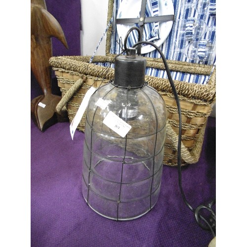 89 - HANGING LANTERN WITH PULLEY & CHAIN. CLEAR GLASS WITH WIRE FRAMEWORK.