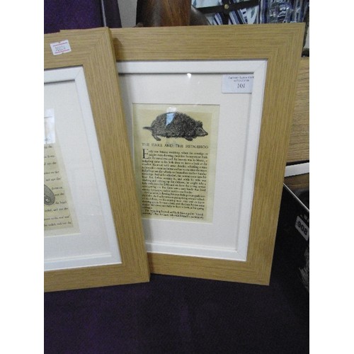 101 - FROM OLD BOOK SET OF 7 FRAMED/GLAZED STORY PAGES. CONTEMPORARY BEECH EFFECT FRAMES.