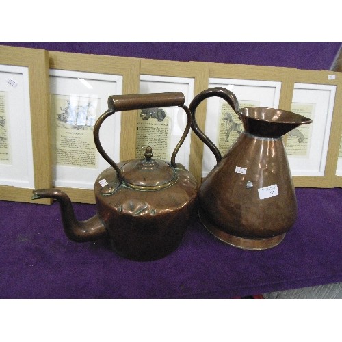 102 - GEORGIAN COPPER 1 GALLON JUG WITH G.R.CROWN STAMP ALSO LARGE COPPER KETTLE. BOTH TRUE TO AGE