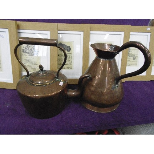 102 - GEORGIAN COPPER 1 GALLON JUG WITH G.R.CROWN STAMP ALSO LARGE COPPER KETTLE. BOTH TRUE TO AGE