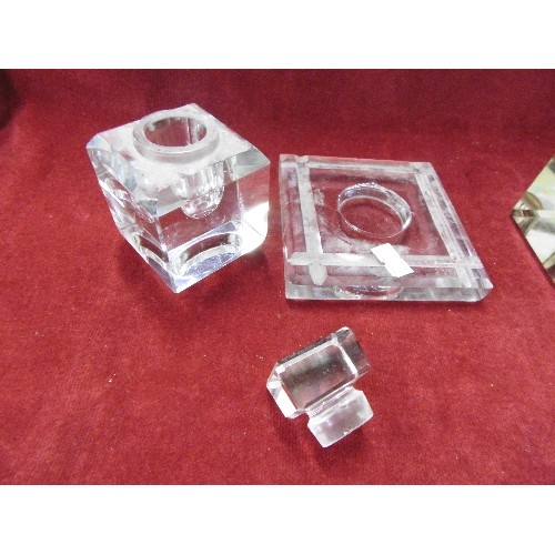 104 - ATTRACTIVE VINTAGE GLASS INKWELLS. A DOUBLE ON A STAND, WITH SILVER-PLATED LIDS, AND A SINGLE WITH G... 