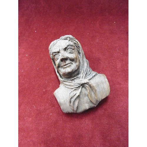 107 - LOVELY SPELTER BUST OF WOMAN IN TURBAN, ALSO A SMALL BLACK FOREST 'RABBIT WOMAN. WALL HANGING.