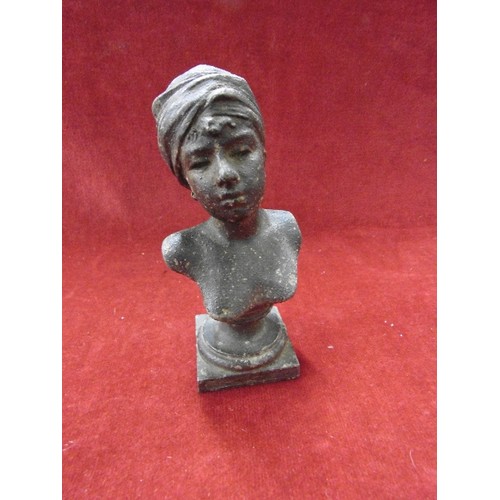 107 - LOVELY SPELTER BUST OF WOMAN IN TURBAN, ALSO A SMALL BLACK FOREST 'RABBIT WOMAN. WALL HANGING.