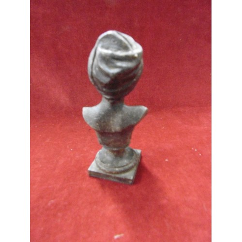 107 - LOVELY SPELTER BUST OF WOMAN IN TURBAN, ALSO A SMALL BLACK FOREST 'RABBIT WOMAN. WALL HANGING.