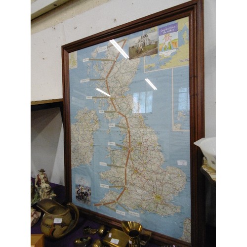 113 - LARGE FRAMED/GLAZED MAP OF THE UNITED KINGDOM, WITH LANDS-END TO JOHN O'GROATS CYCLE ROUTE PINPOINTE... 