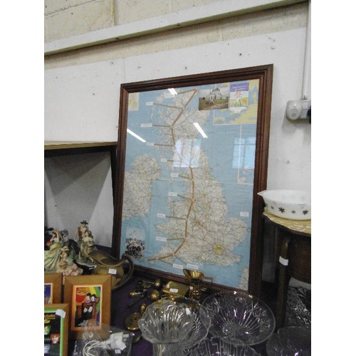 113 - LARGE FRAMED/GLAZED MAP OF THE UNITED KINGDOM, WITH LANDS-END TO JOHN O'GROATS CYCLE ROUTE PINPOINTE... 