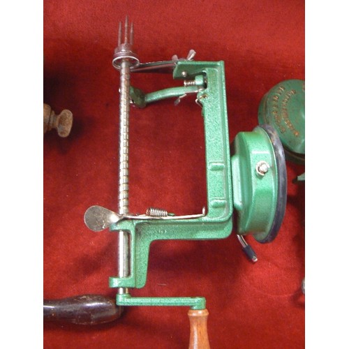 137 - VINTAGE SPONG, POTTER KITCHEN MINCER, APPLE PEELING MACHINE ETC