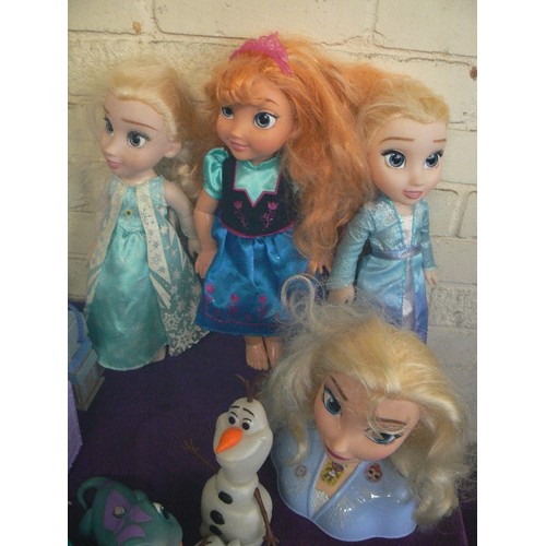 147 - DISNEY'S FROZEN COLLECTION, INC LARGE ELSA AND ANNA DOLLS, SMALL OLAF, SVEN ETC. PALACES.