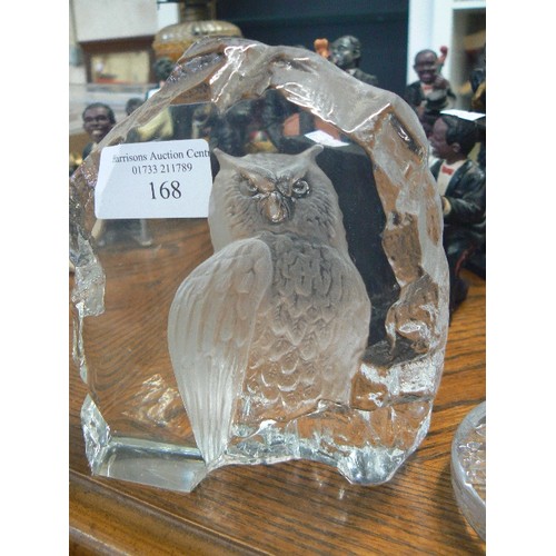 168 - CRYSTAL OWL AND CRYSTAL  SQUIRREL BOTH SIGNED MATS JONASSON AND A BIRD PAPERWEIGHT