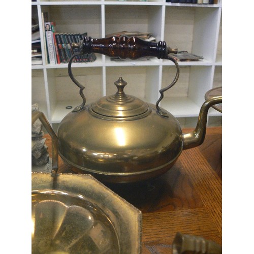 170 - 6 X BRASS -  2 KETTLES WITH AMBER GLASS HANDLES, LANTERN,  ASHTRAY, TEAPOT AND  BON BON DISH WITH HA... 