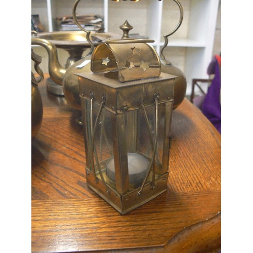 170 - 6 X BRASS -  2 KETTLES WITH AMBER GLASS HANDLES, LANTERN,  ASHTRAY, TEAPOT AND  BON BON DISH WITH HA... 