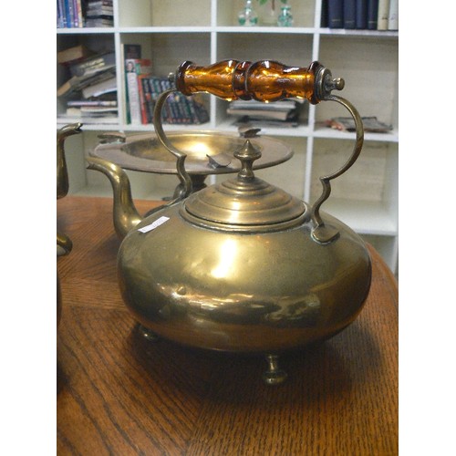 170 - 6 X BRASS -  2 KETTLES WITH AMBER GLASS HANDLES, LANTERN,  ASHTRAY, TEAPOT AND  BON BON DISH WITH HA... 