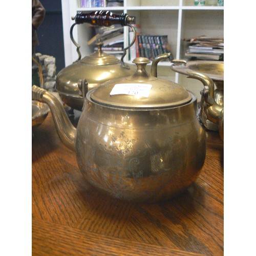 170 - 6 X BRASS -  2 KETTLES WITH AMBER GLASS HANDLES, LANTERN,  ASHTRAY, TEAPOT AND  BON BON DISH WITH HA... 