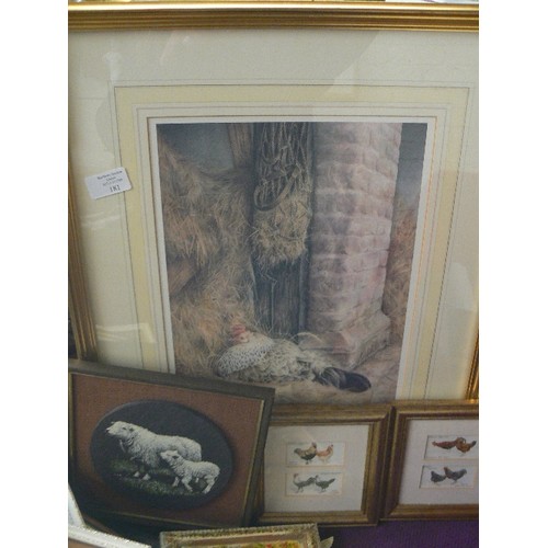 181 - QUANTITY OF FRAMED PICTURES AND EMPTY FRAMES. INC A LARGE & 2 SMALL CHICKEN PICTURES.