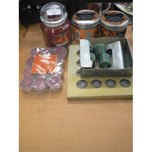 188 - SCENTED YANKEE CANDLE 'SPICED ORANGE' & 2 X SEBNINI 'POTPOURRI' CANDLES, ALSO SCENTED TEALIGHTS & VO... 