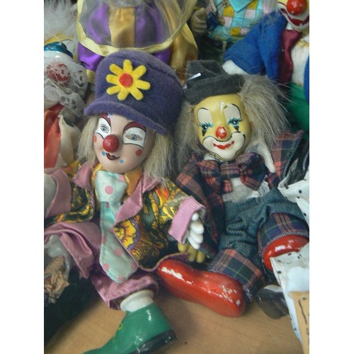 196 - CLOWN COLLECTION. MANY WITH PORCELAIN HEADS. MINIMUM OF 12.