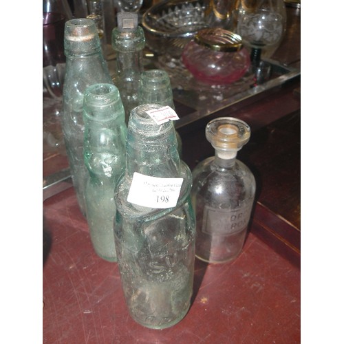 198 - 6 X VINTAGE GLASS BOTTLES. INC HYDROGEN PEROXIDE CLEAR GLASS WITH STOPPER, GREEN GLASS 'SUTTON OF NO... 