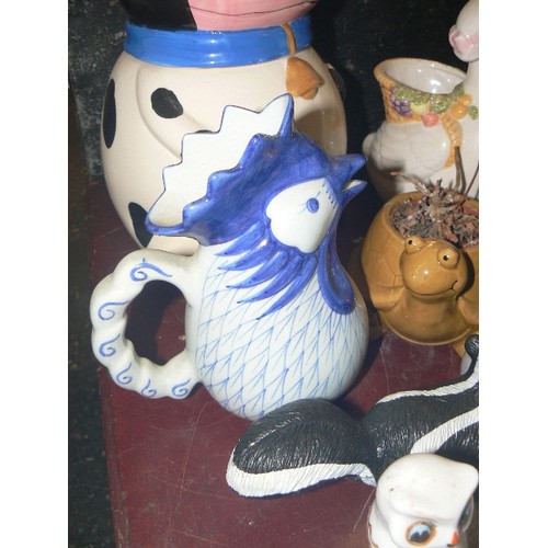 197 - LARGE COW COOKIE JAR, TOGETHER WITH OWL COLLECTION, A WOODEN WHART HOG, & STUDIO POTTERY MONEY BOX, ... 