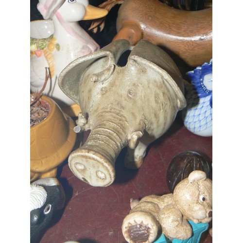 197 - LARGE COW COOKIE JAR, TOGETHER WITH OWL COLLECTION, A WOODEN WHART HOG, & STUDIO POTTERY MONEY BOX, ... 