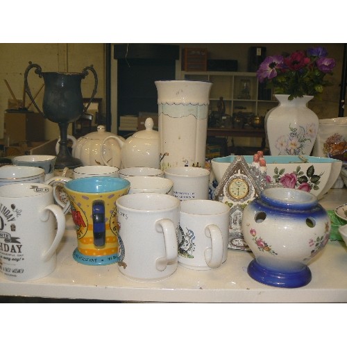 201 - LARGE MIXED CERAMIC COLLECTION. INC DECORATIVE ORNAMENTS, CROCKERY, VASES, SERVING DISHES ETC ETC.